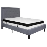 Flash Furniture SL-BMF-26-GG Roxbury Full Size Tufted Upholstered Platform Bed in Light Gray Fabric with Memory Foam Mattress